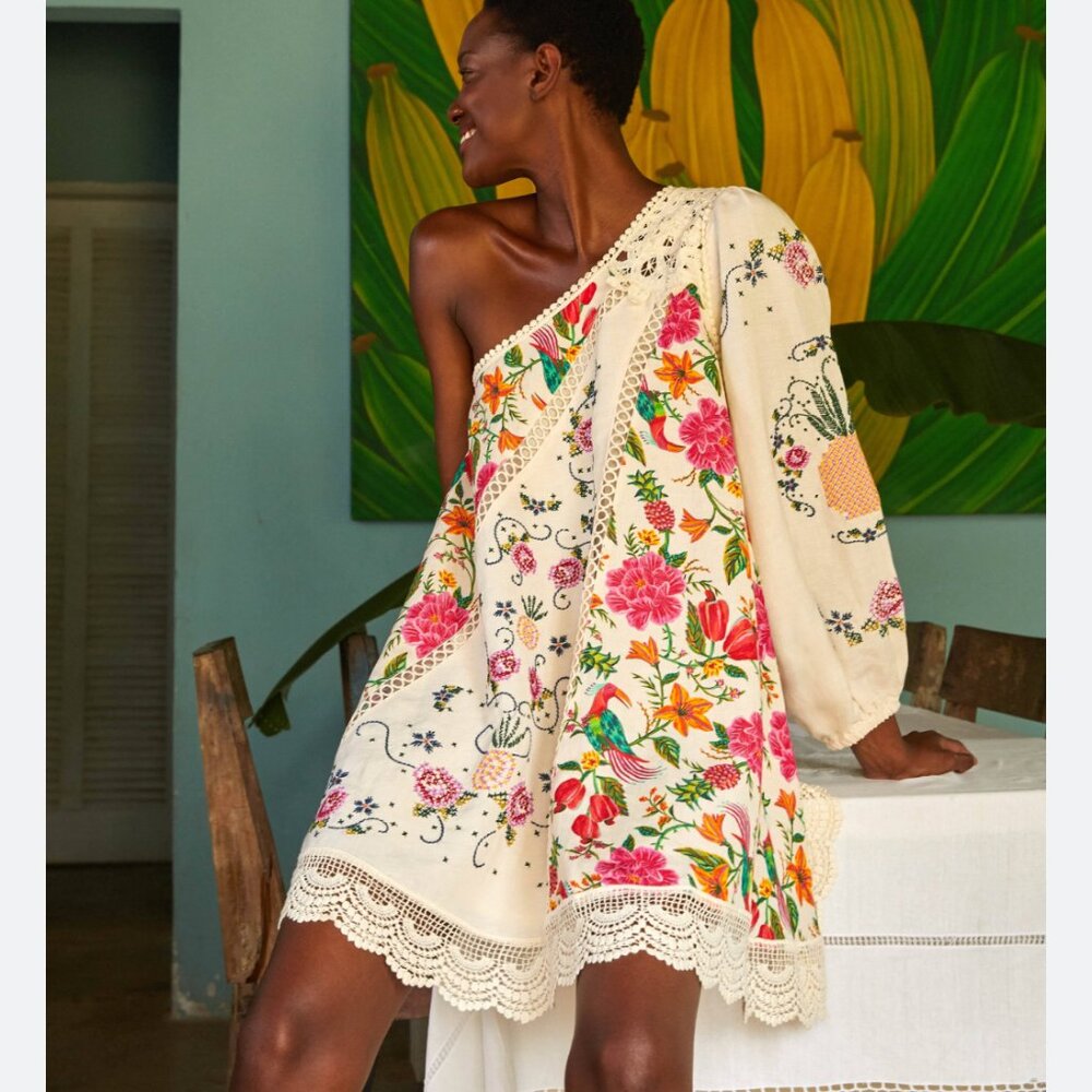 NWT Farm Rio Toucan's Garden print empbroidered one sleeve mini dress Sz M
